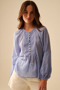 Q2 Women's Blouse Blue Chiffon Blouse With Embroidery On The Sleeves