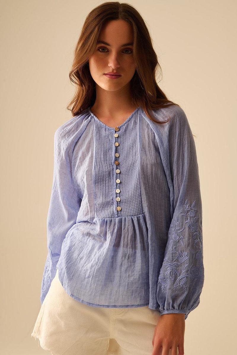Q2 Women's Blouse Blue Chiffon Blouse With Embroidery On The Sleeves