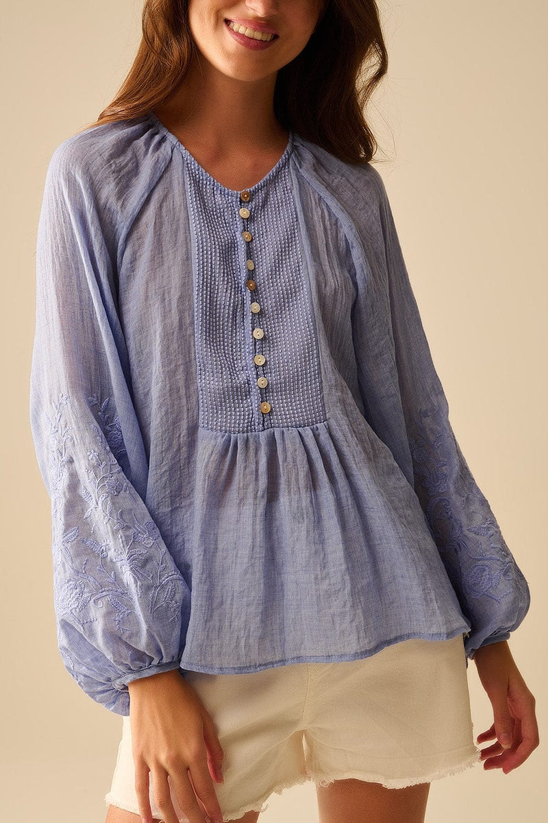 Q2 Women's Blouse Blue Chiffon Blouse With Embroidery On The Sleeves