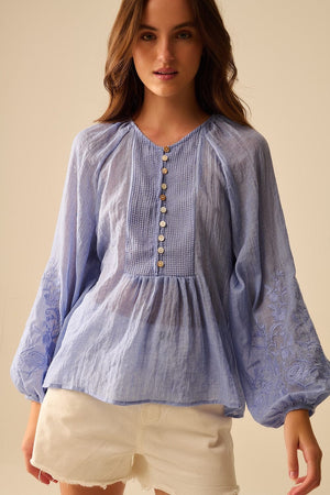 Q2 Women's Blouse Blue Chiffon Blouse With Embroidery On The Sleeves