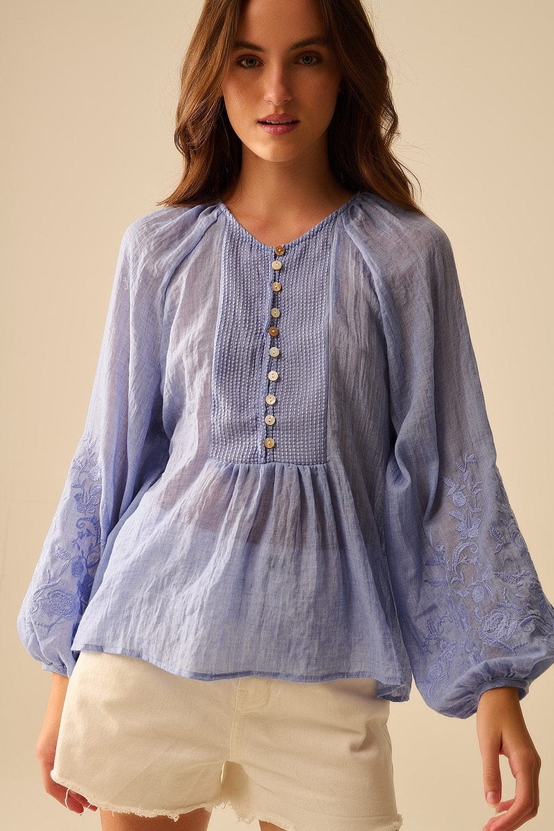 Q2 Women's Blouse Blue Chiffon Blouse With Embroidery On The Sleeves