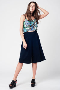 Q2 Women's Blouse Blue crop top with leaves print