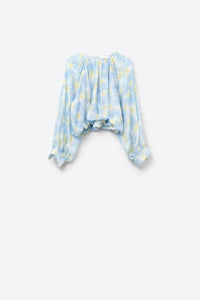 Q2 Women's Blouse Blue Printed Chiffon Blouse With Balloon Sleeves