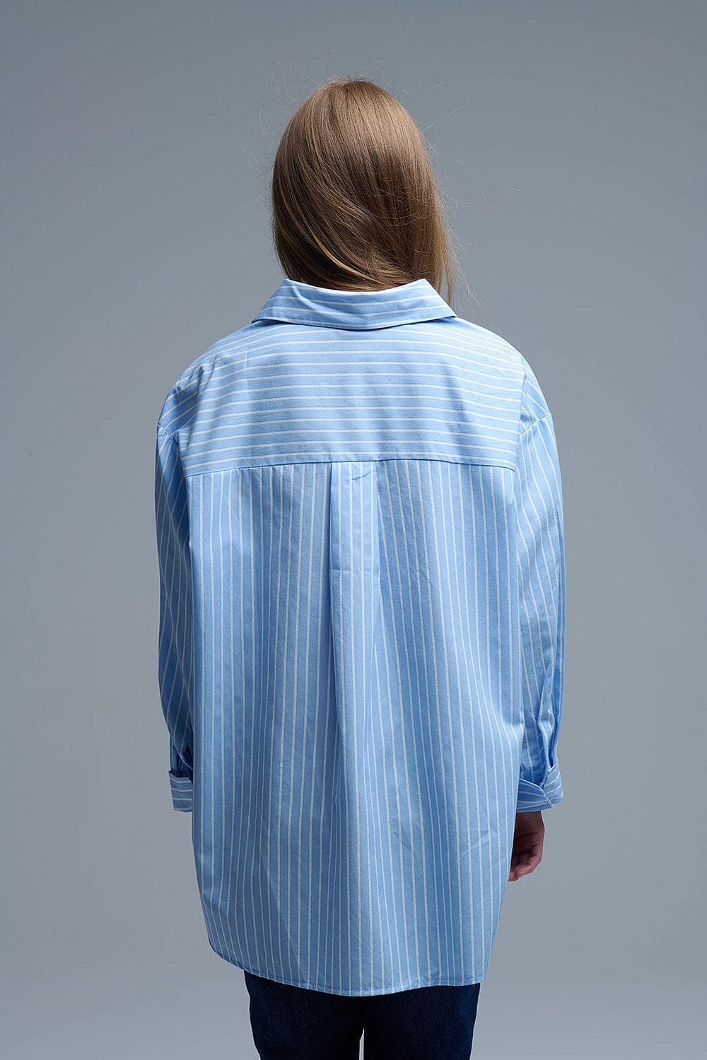 Q2 Women's Blouse Blue Relaxed Striped Shirt With Heart Seam Detail