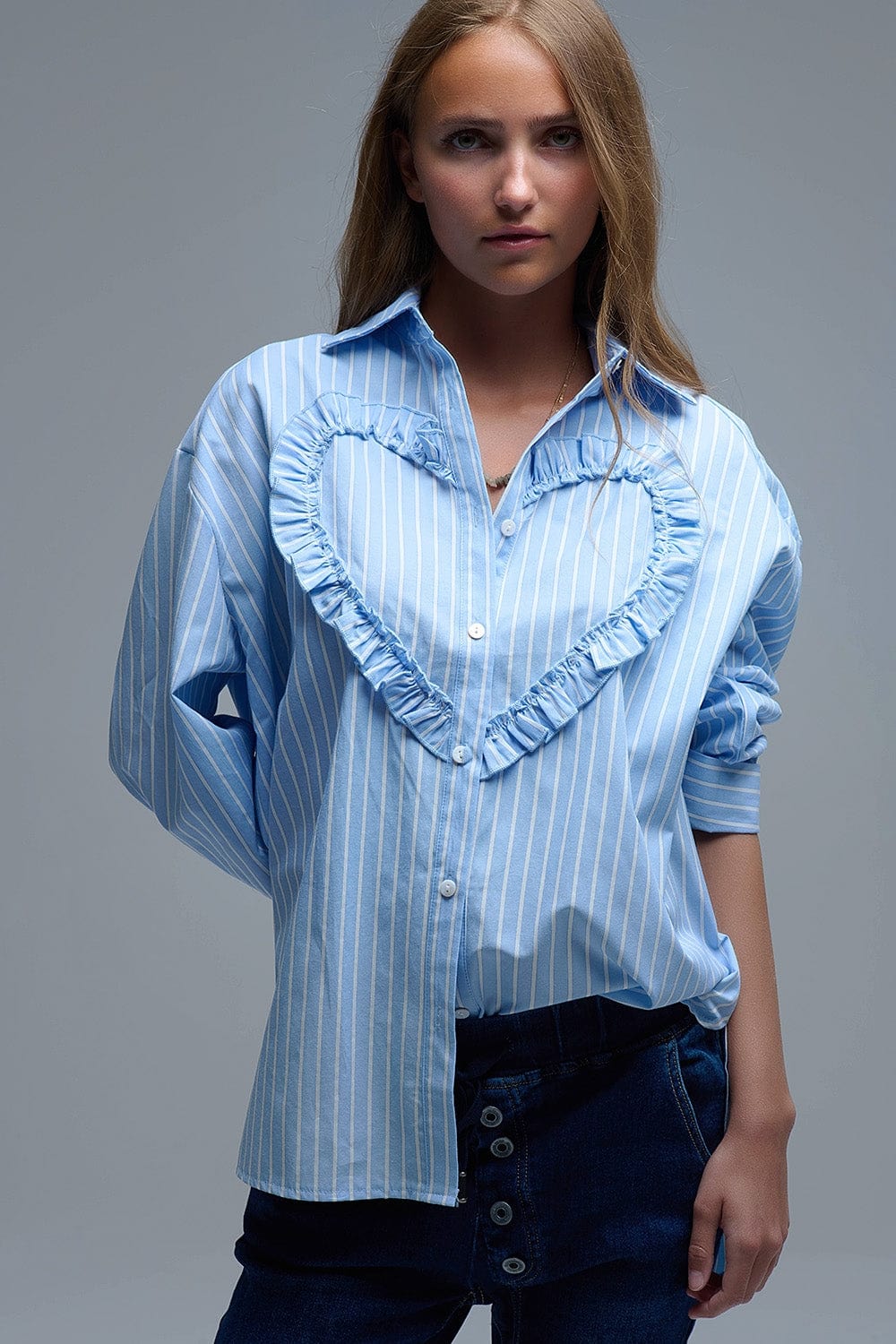 Q2 Women's Blouse Blue Relaxed Striped Shirt With Heart Seam Detail