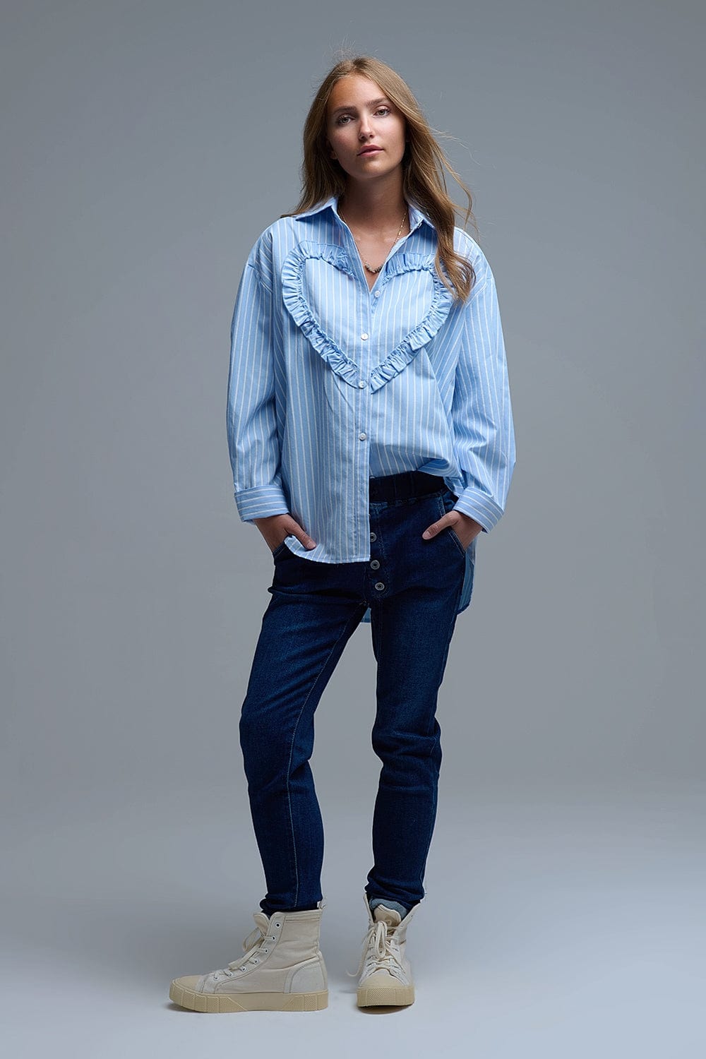 Q2 Women's Blouse Blue Relaxed Striped Shirt With Heart Seam Detail