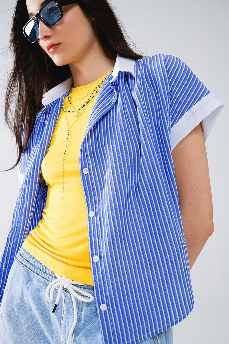 Q2 Women's Blouse Blue Shirt With Short Sleeves And Vertical Stripes