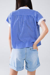 Q2 Women's Blouse Blue Shirt With Short Sleeves And Vertical Stripes