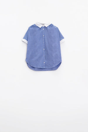 Q2 Women's Blouse Blue Shirt With Short Sleeves And Vertical Stripes