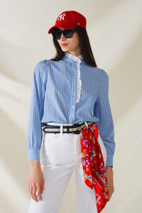 Q2 Women's Blouse Blue Shirt With Vertical White Stripes With Lace Detail