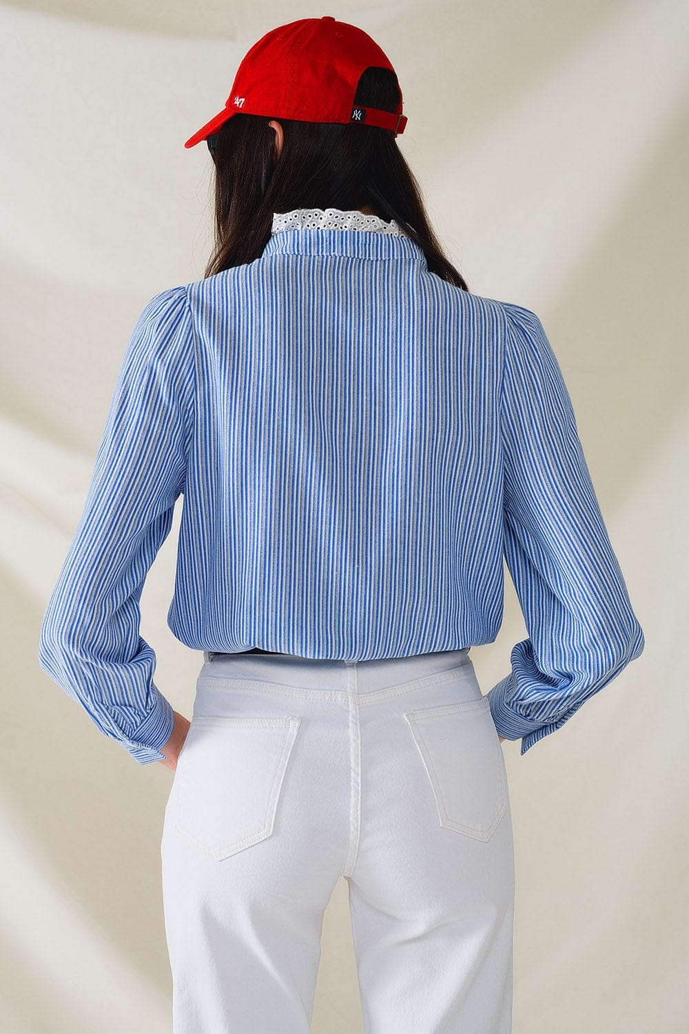 Q2 Women's Blouse Blue Shirt With Vertical White Stripes With Lace Detail