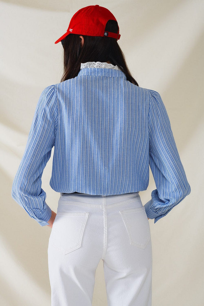 Q2 Women's Blouse Blue Shirt With Vertical White Stripes With Lace Detail