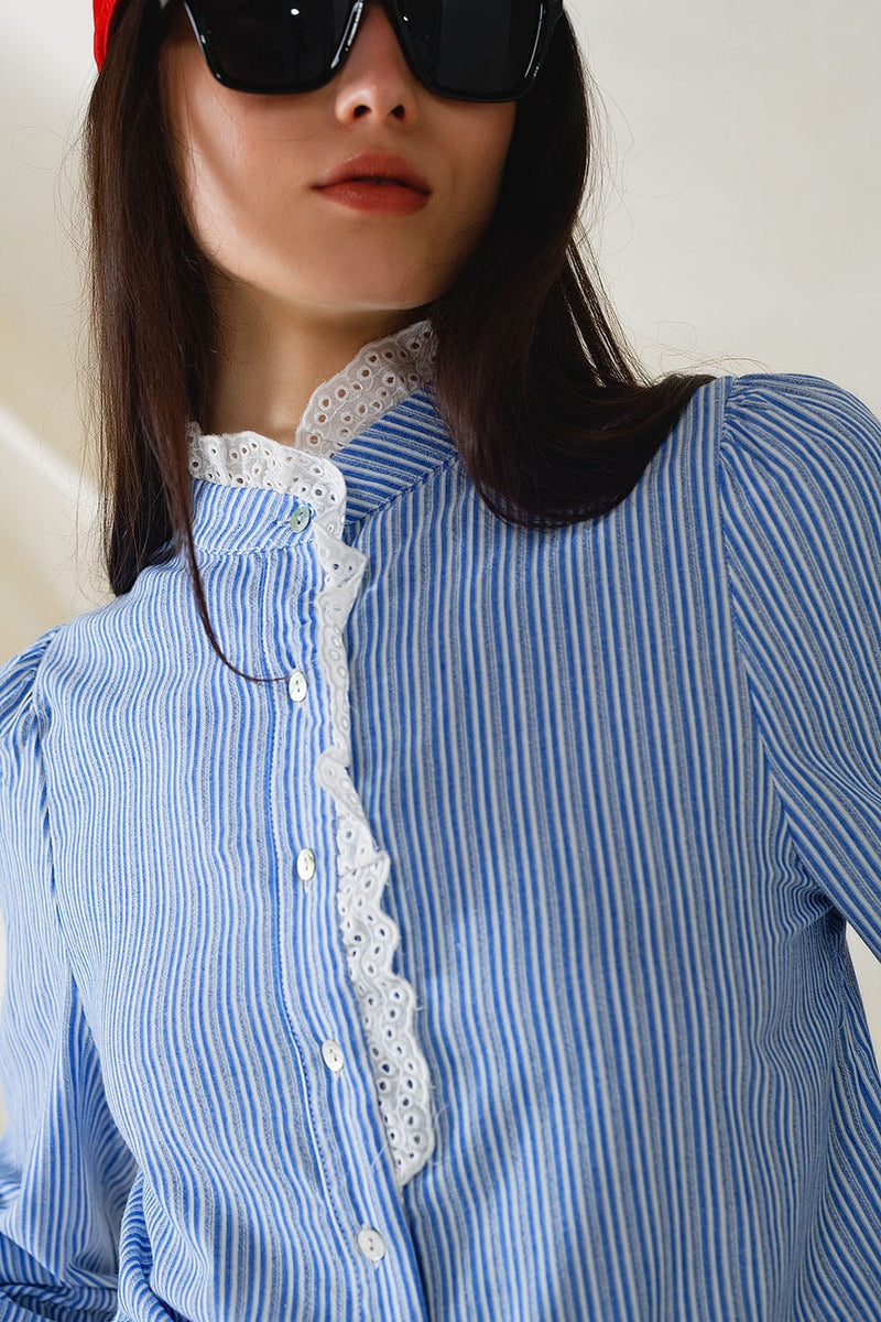 Q2 Women's Blouse Blue Shirt With Vertical White Stripes With Lace Detail