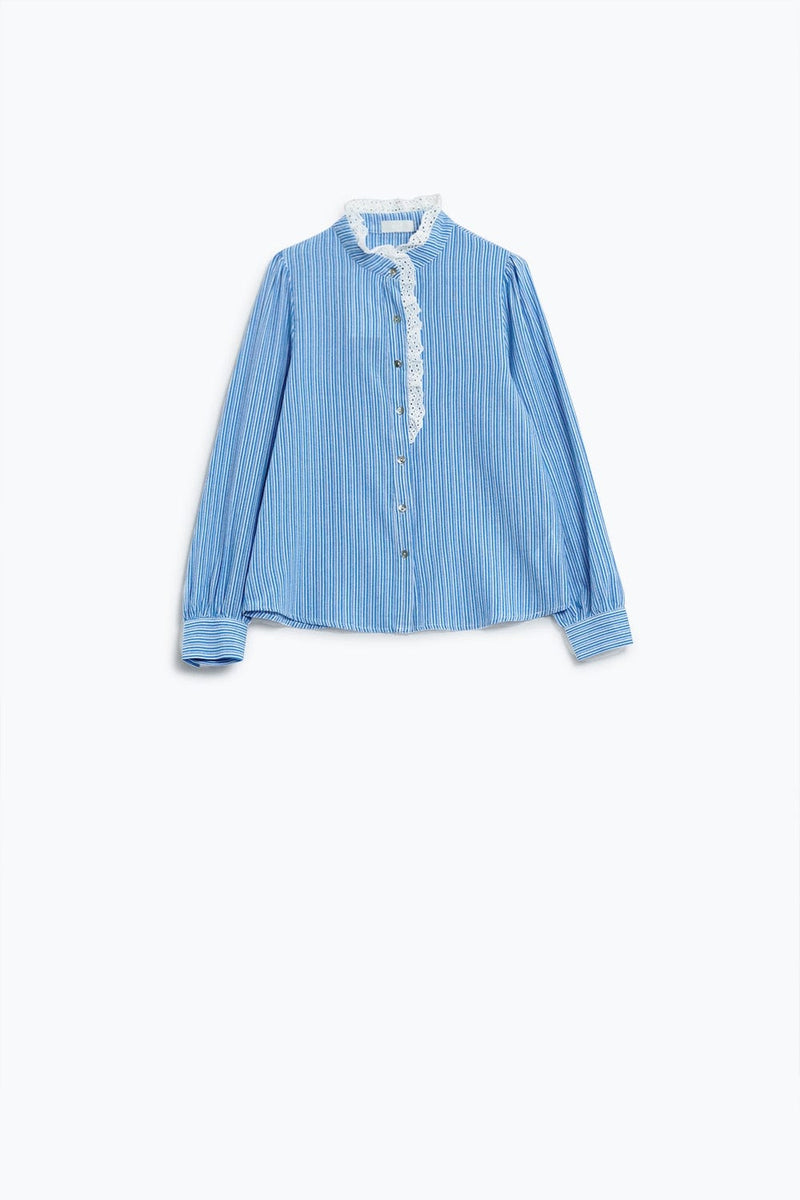 Q2 Women's Blouse Blue Shirt With Vertical White Stripes With Lace Detail