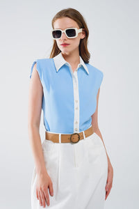 Q2 Women's Blouse Blue Shirt With White Seams And Button Up Closing