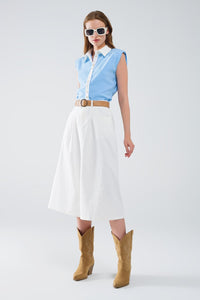 Q2 Women's Blouse Blue Shirt With White Seams And Button Up Closing