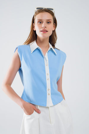 Q2 Women's Blouse Blue Shirt With White Seams And Button Up Closing