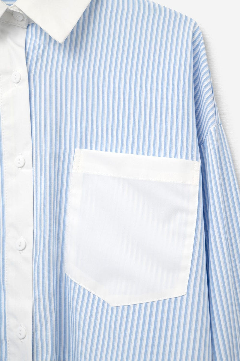 Q2 Women's Blouse Blue Striped Shirt With Pocket And White Collar