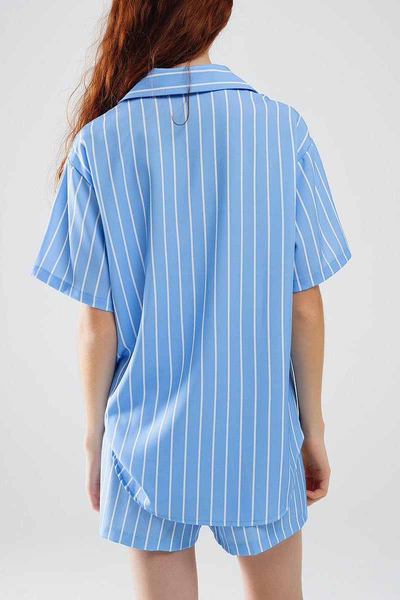 Q2 Women's Blouse Blue Striped Short-Sleeved Shirt