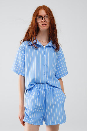 Q2 Women's Blouse Blue Striped Short-Sleeved Shirt