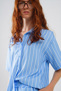 Q2 Women's Blouse Blue Striped Short-Sleeved Shirt