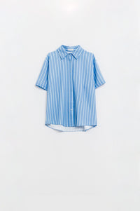 Q2 Women's Blouse Blue Striped Short-Sleeved Shirt