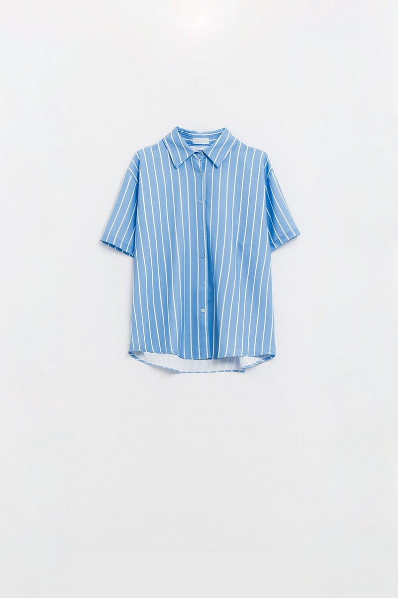 Q2 Women's Blouse Blue Striped Short-Sleeved Shirt