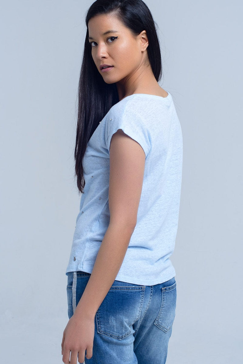 Q2 Women's Blouse Blue T-Shirt with Crystal Rhinestones