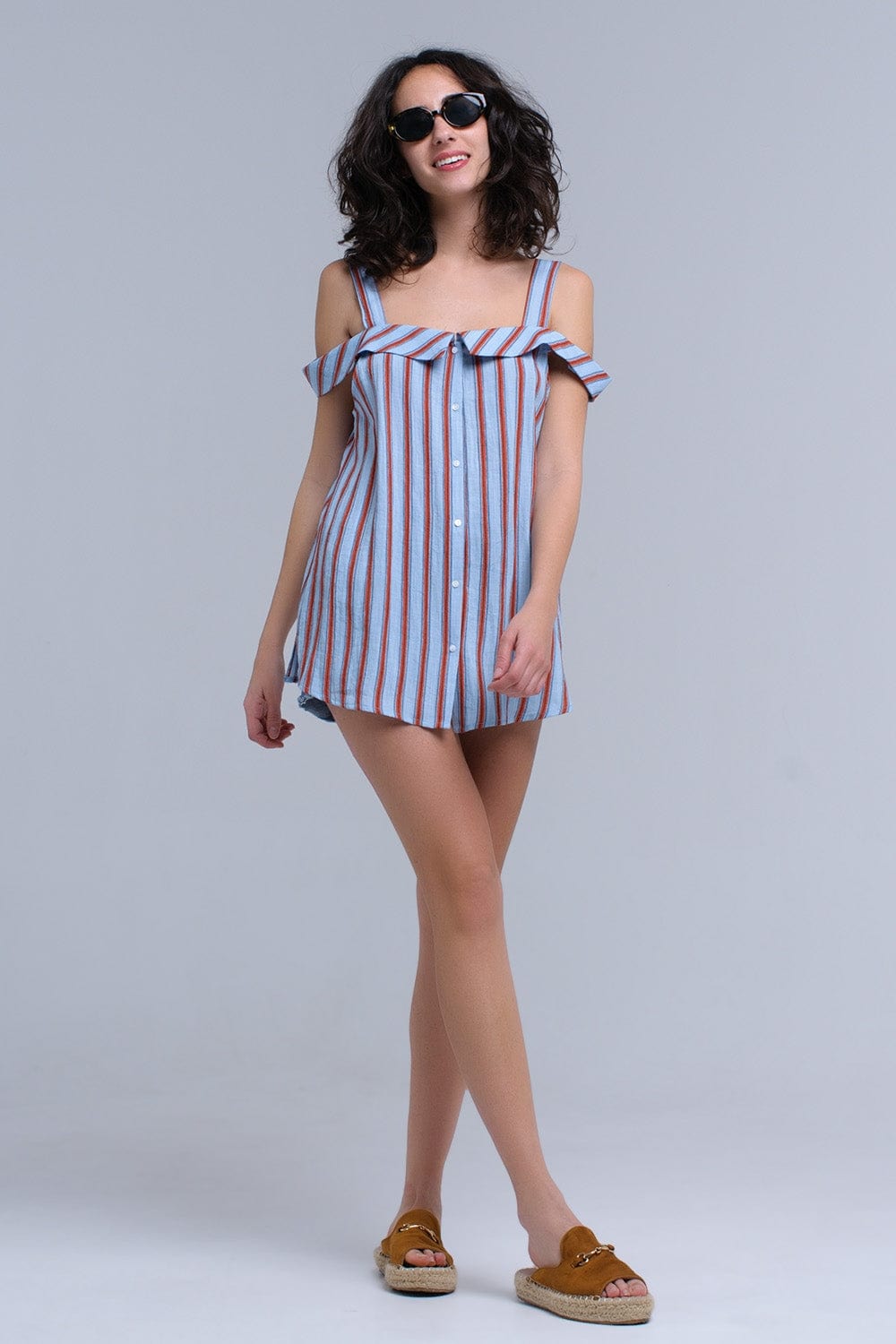 Q2 Women's Blouse Blue top with orange stripes