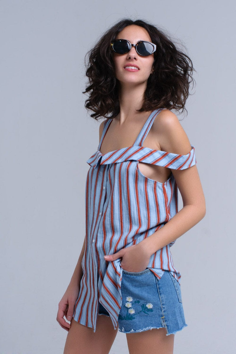 Q2 Women's Blouse Blue top with orange stripes