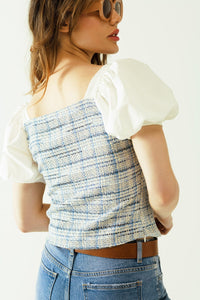 Q2 Women's Blouse Blue Tweed Top With Voluminous Short Sleeves And Pearl Buttons