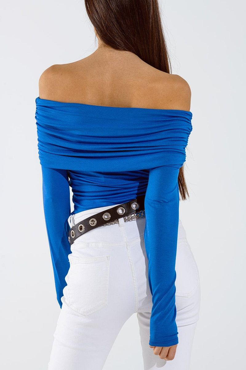 Q2 Women's Blouse Bodycon Off Shoulder Top In Blue