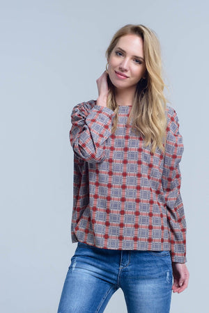 Q2 Women's Blouse Bordeaux top with check print