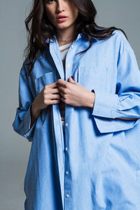 Q2 Women's Blouse Boyfriend Cut Shirt With 3/4 Sleeve In Baby Blue