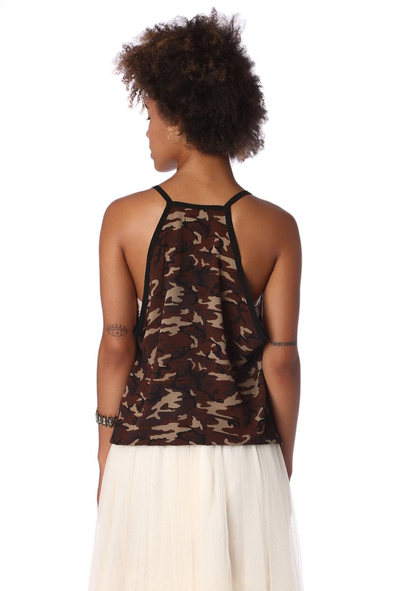 Q2 Women's Blouse Brown camo print dip hem top