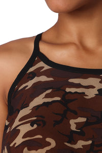 Q2 Women's Blouse Brown camo print dip hem top