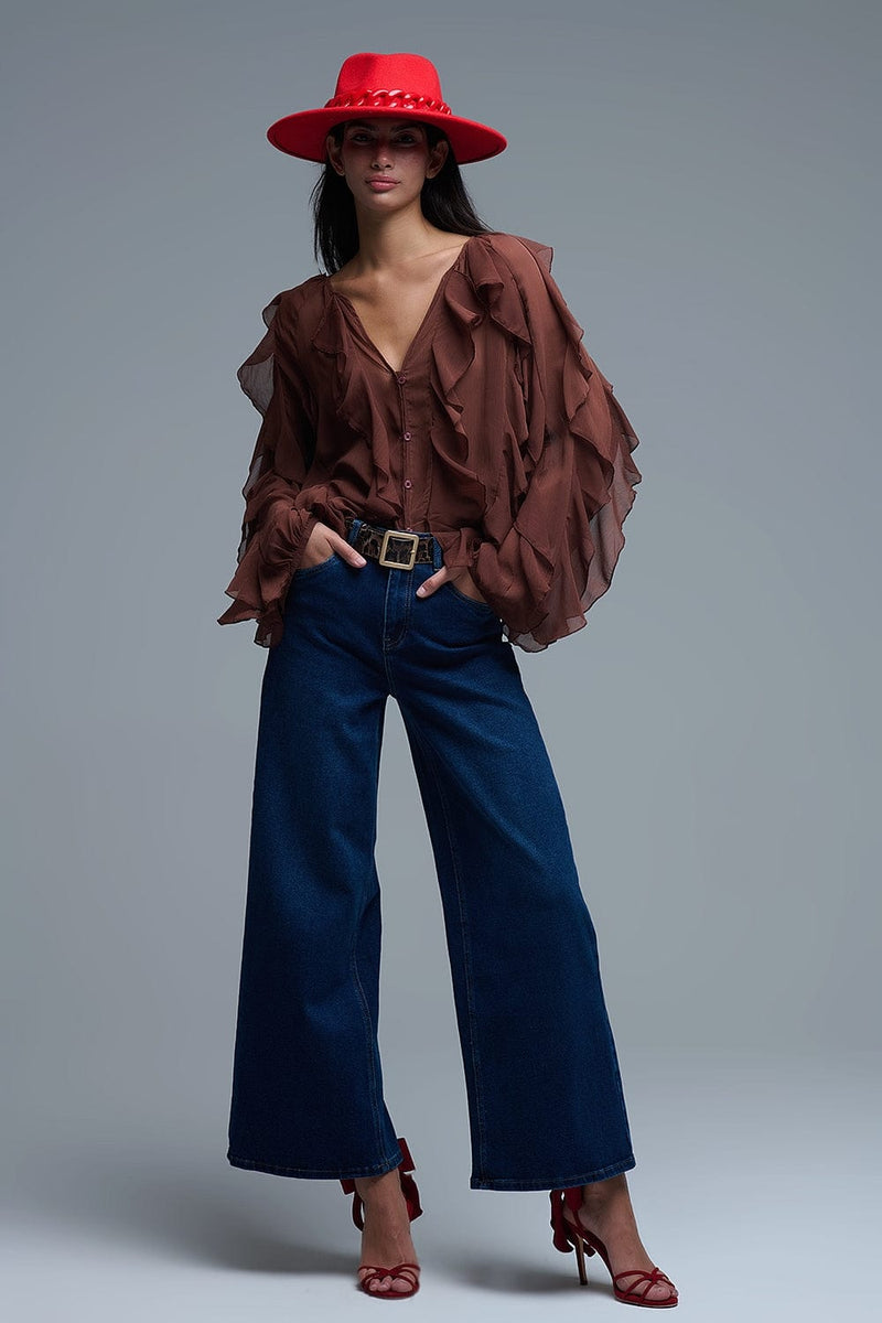 Q2 Women's Blouse Brown Chiffon V-Neck All Over Ruffle Blouse