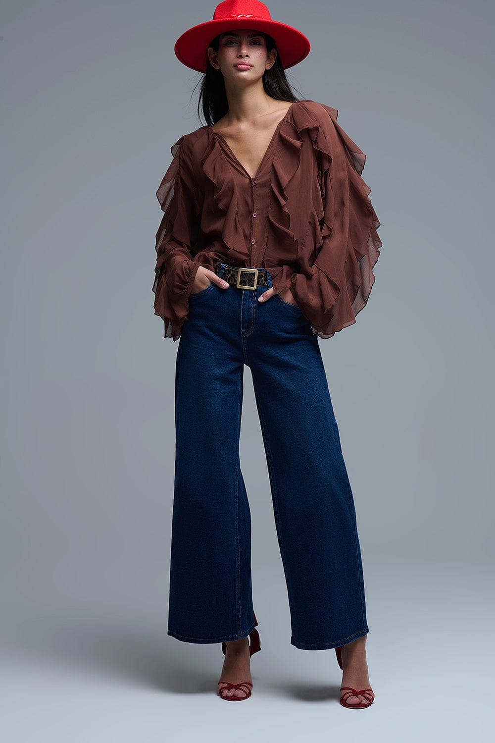 Q2 Women's Blouse Brown Chiffon V-Neck All Over Ruffle Blouse