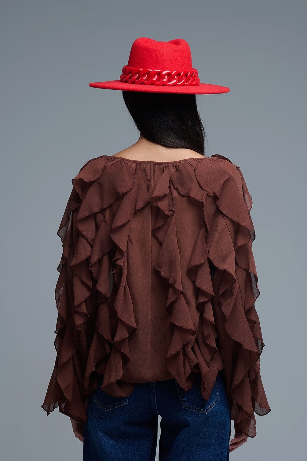 Q2 Women's Blouse Brown Chiffon V-Neck All Over Ruffle Blouse