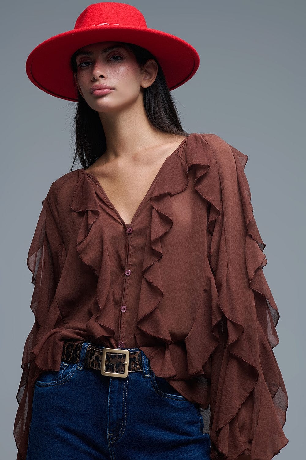Q2 Women's Blouse Brown Chiffon V-Neck All Over Ruffle Blouse