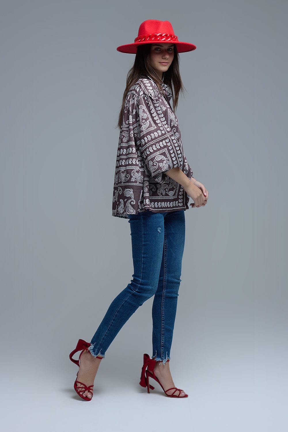 Q2 Women's Blouse Brown Paisley Shirt With Voluminous Sleeves