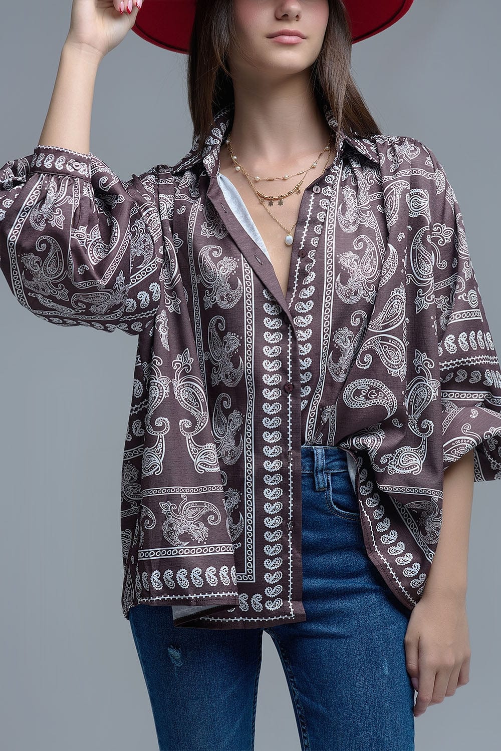 Q2 Women's Blouse Brown Paisley Shirt With Voluminous Sleeves