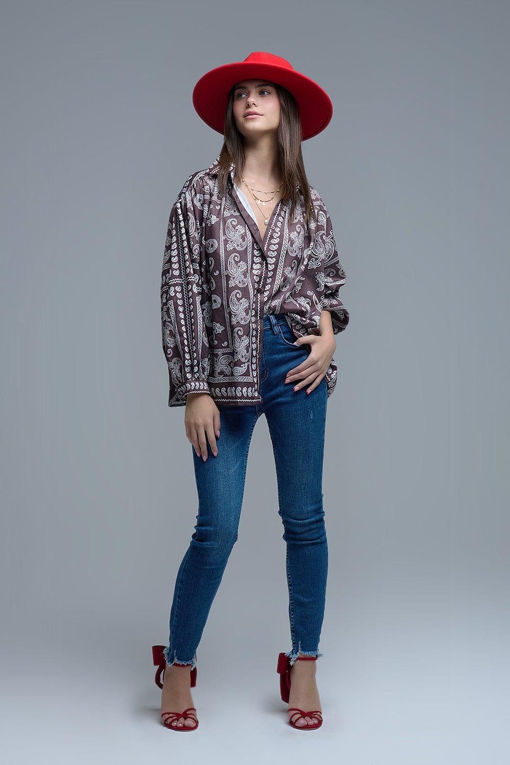 Q2 Women's Blouse Brown Paisley Shirt With Voluminous Sleeves