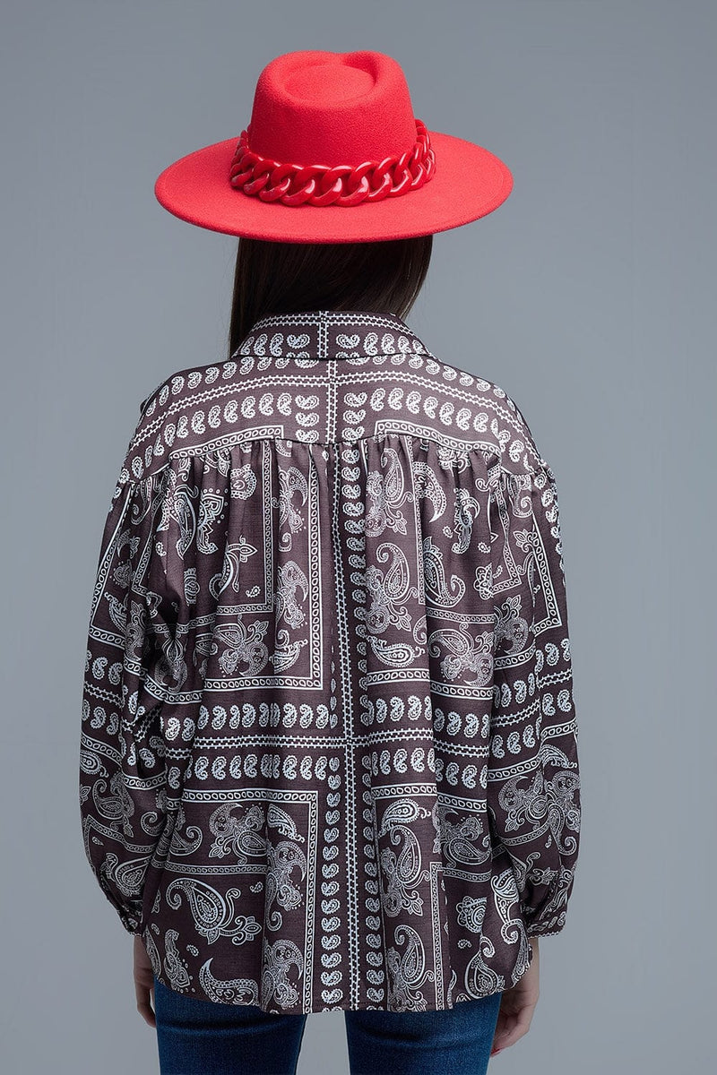 Q2 Women's Blouse Brown Paisley Shirt With Voluminous Sleeves
