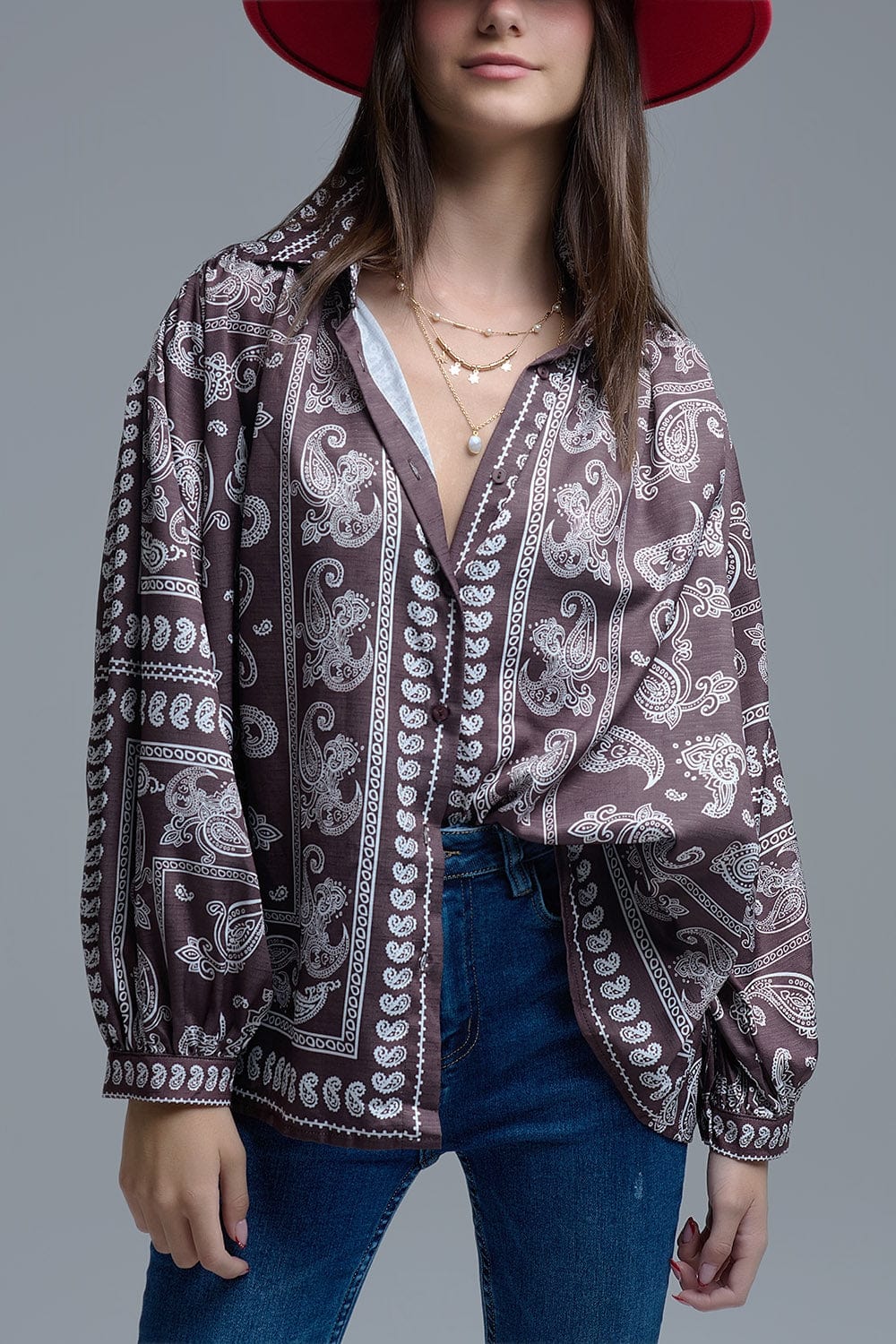 Q2 Women's Blouse Brown Paisley Shirt With Voluminous Sleeves