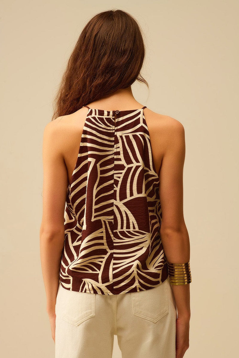 Q2 Women's Blouse Brown Sleeveless Halter Top With White Leaf Print