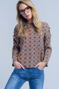 Q2 Women's Blouse Brown top with check print