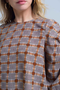 Q2 Women's Blouse Brown top with check print