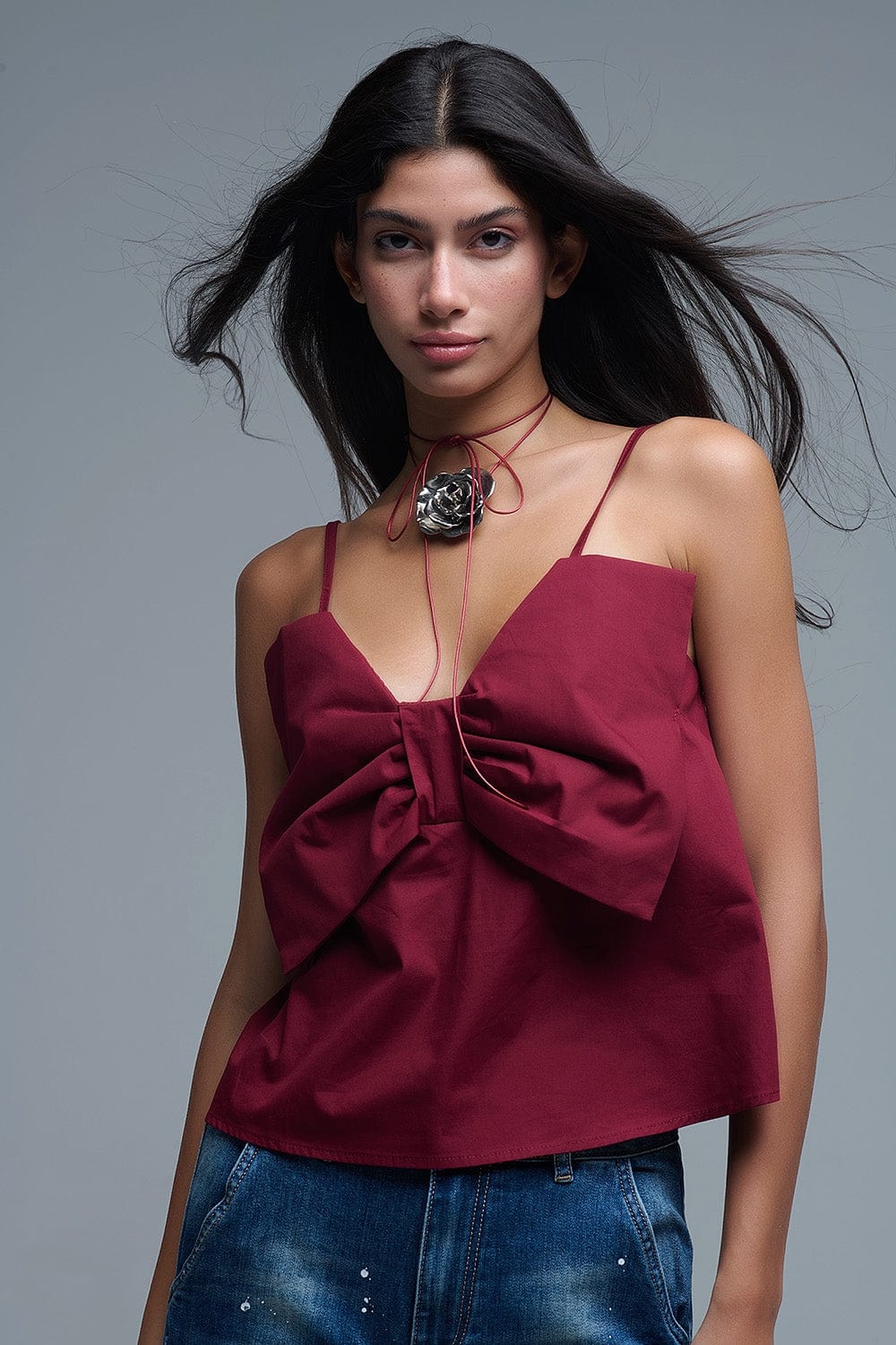 Q2 Women's Blouse Burgundy Poplin Crop Top With Bow Detail