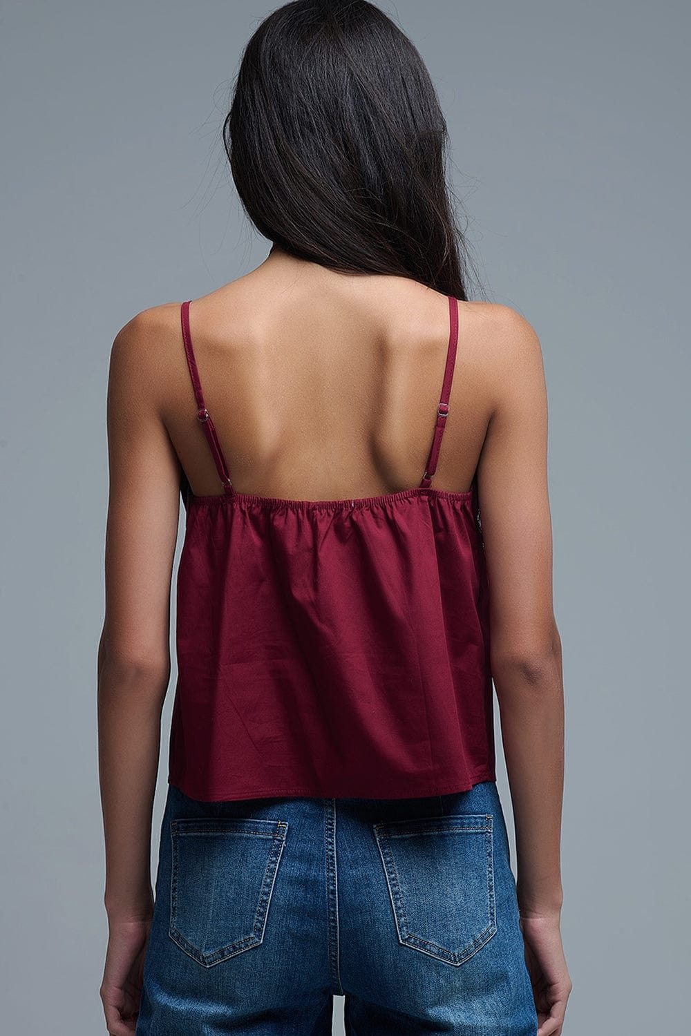 Q2 Women's Blouse Burgundy Poplin Crop Top With Bow Detail